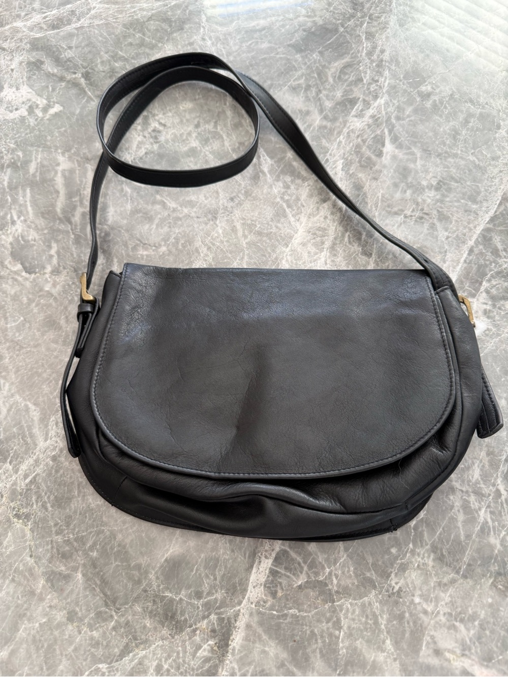 Vintage 100% Genuine Leather Minimalist Black Crossbody Bag with AdjustableStrap